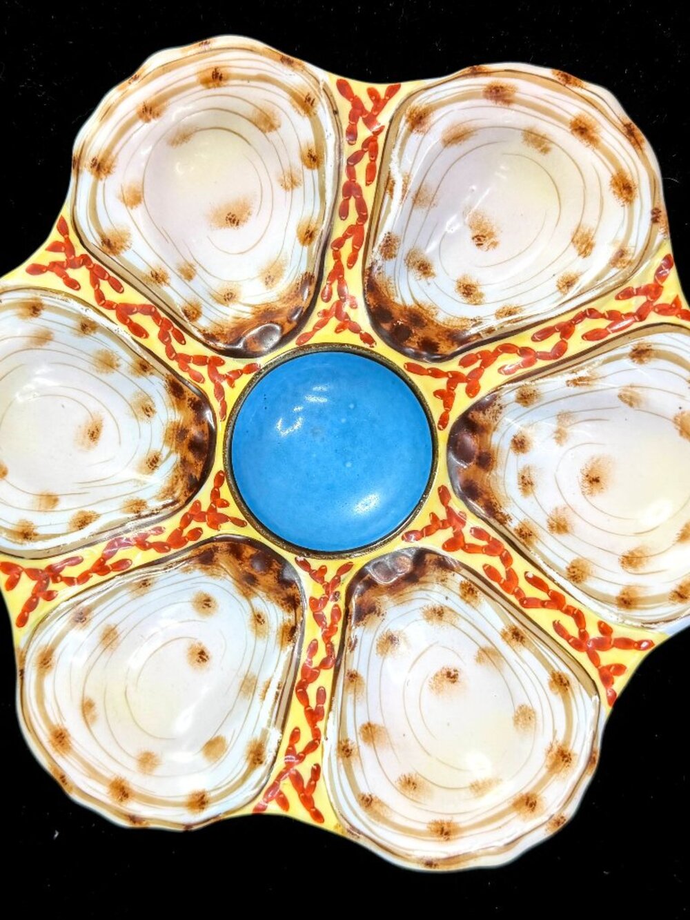 Rare Antique French Limoges Oyster Plate Blue Center Yellow Red 9 1/8 A1261